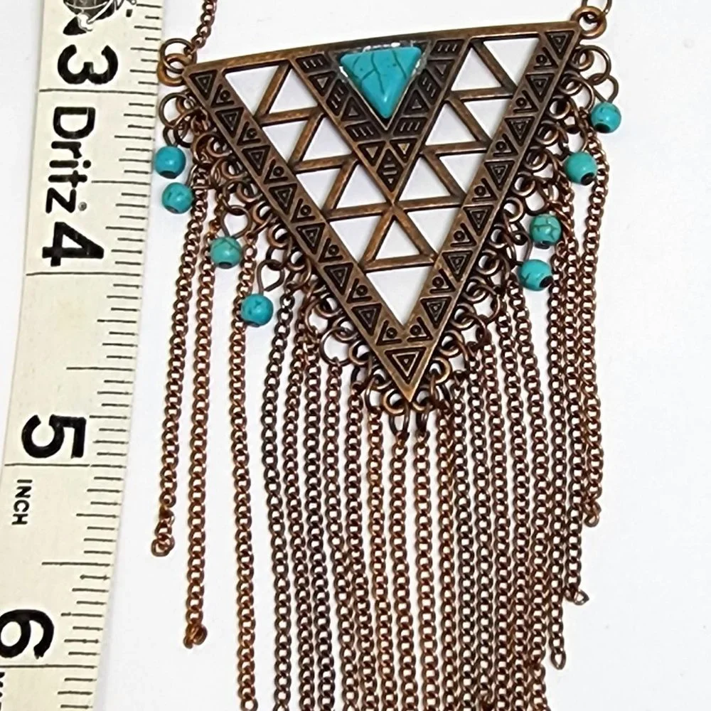 Southwest Tribal Modern Copper Long Fringe Turquoise Accent LONG 34